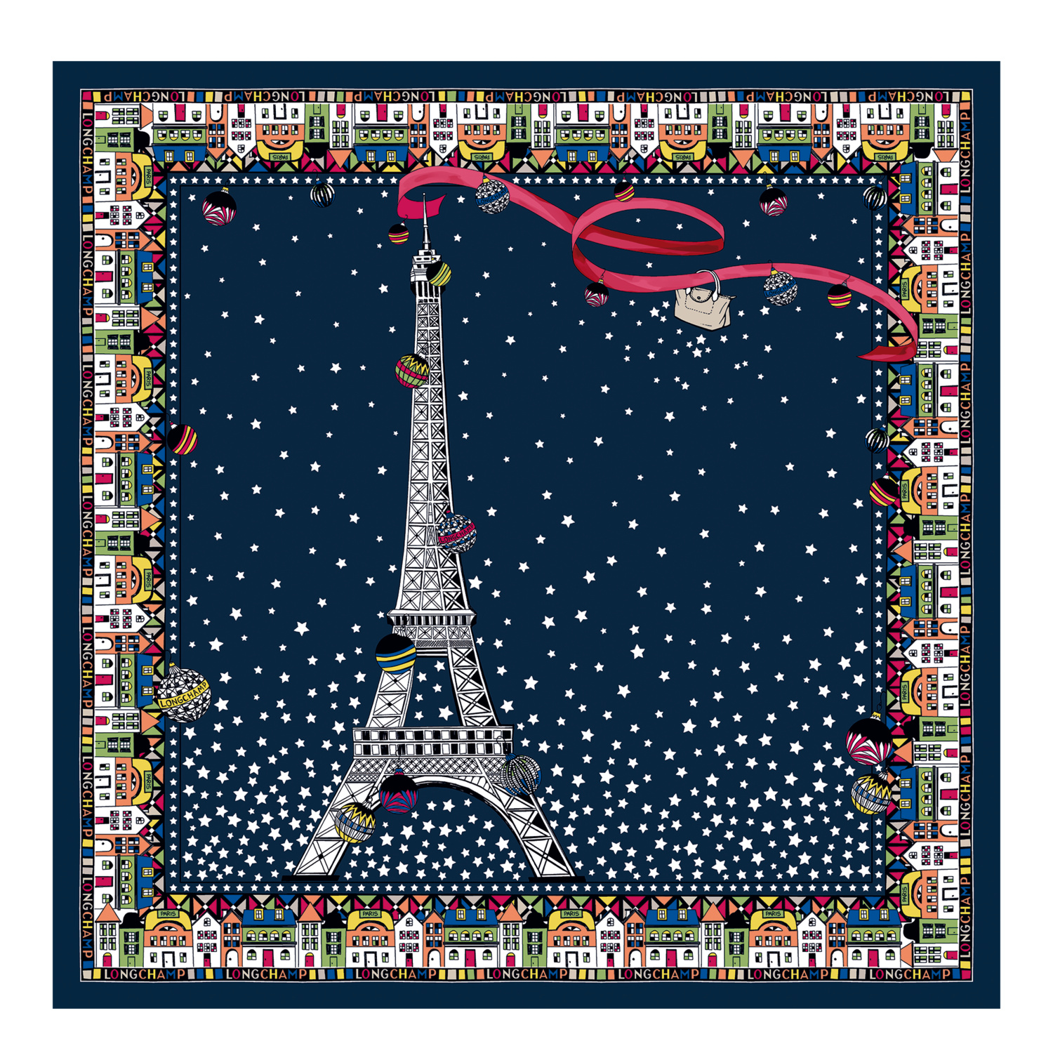 Shop Longchamp Silk Scarf 50 Tour Eiffel Noël  In Navy