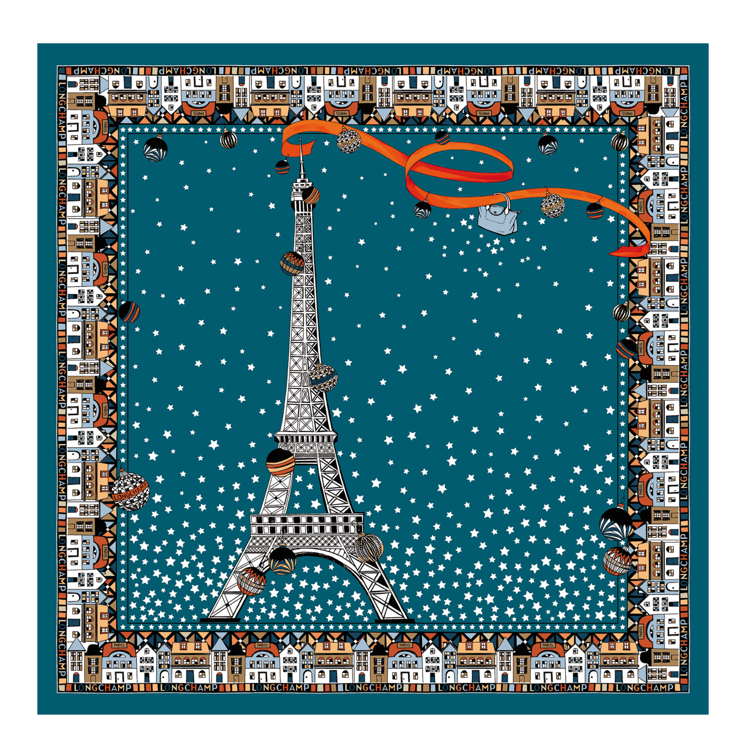 Longchamp Silk Scarf 50 Tour Eiffel Noël  In Blue